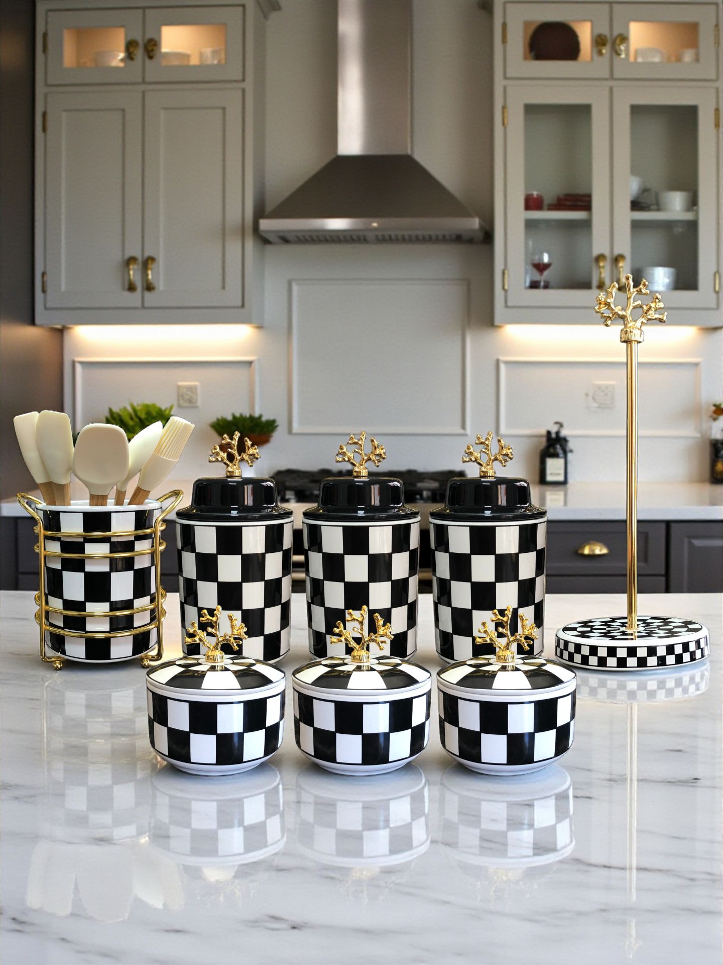 Mutfak Çeyiz Seti 104 Kahvaltılık Baharatlık Kaşıklık Havluluk Siyah Damalı Desen Gold