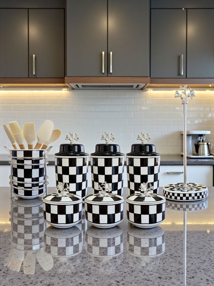 Mutfak Çeyiz Seti 104 Kahvaltılık Baharatlık Kaşıklık Havluluk Siyah Damalı Desen GÜMÜŞ