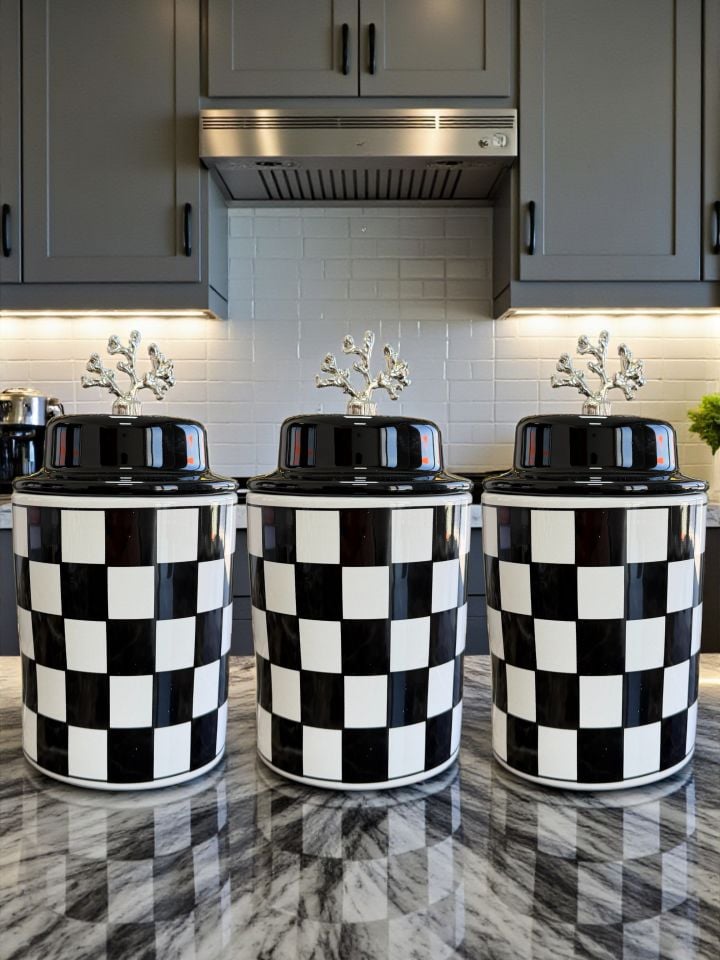 Mutfak Çeyiz Seti 104 Kahvaltılık Baharatlık Kaşıklık Havluluk Siyah Damalı Desen GÜMÜŞ