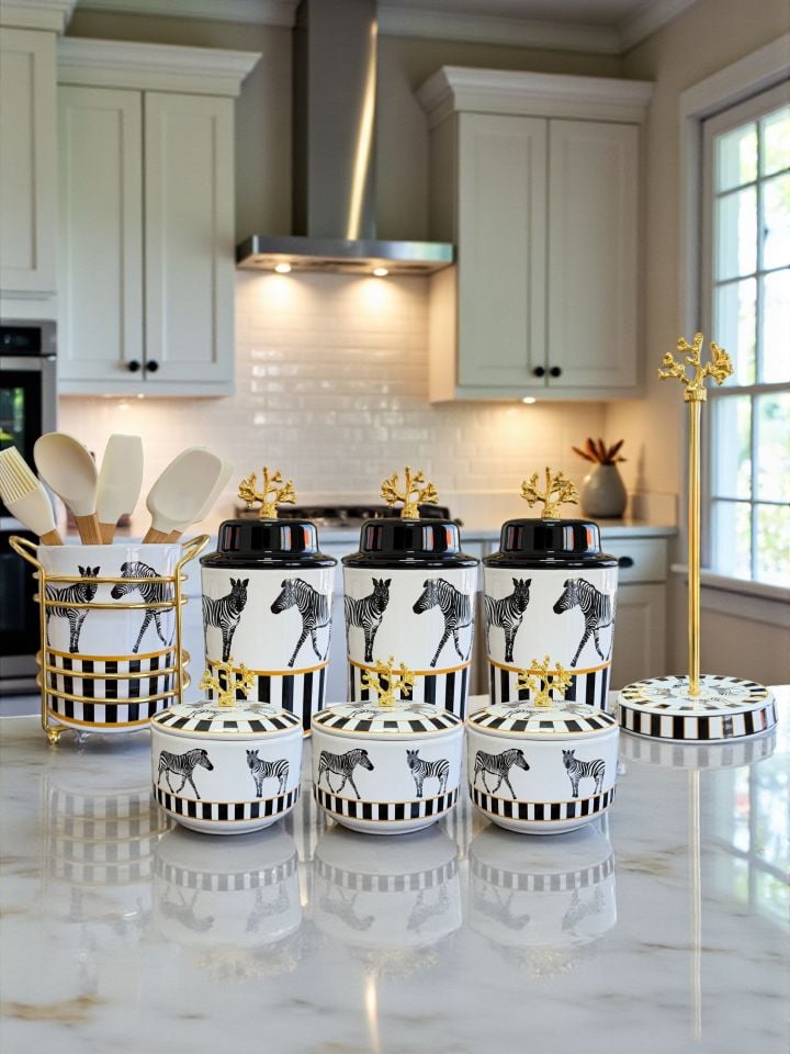 Mutfak Çeyiz Seti 104 Kahvaltılık Baharatlık Kaşıklık Havluluk Zebra At Desen Gold