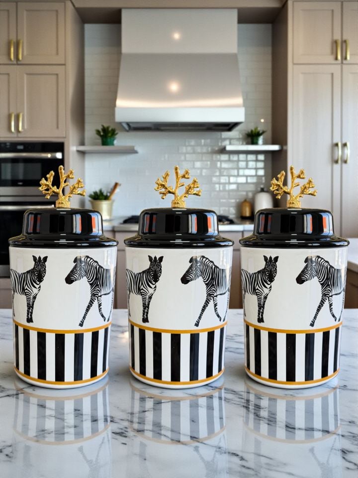 Mutfak Çeyiz Seti 104 Kahvaltılık Baharatlık Kaşıklık Havluluk Zebra At Desen Gold