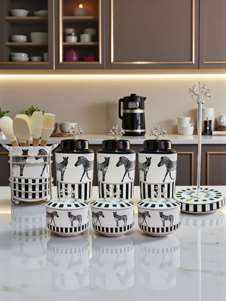Mutfak Çeyiz Seti 104 Kahvaltılık Baharatlık Kaşıklık Havluluk Zebra At Desen GÜMÜŞ