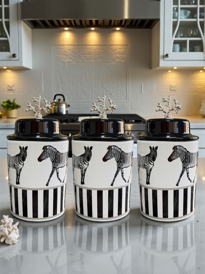 Mutfak Çeyiz Seti 104 Kahvaltılık Baharatlık Kaşıklık Havluluk Zebra At Desen GÜMÜŞ