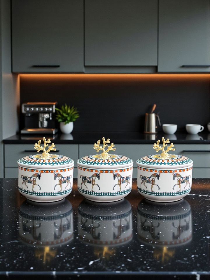 Mutfak Seti 103 Baharatlık Kahvaltılık Kağıt Havluluk Kaşıklık Herm At Desen Gold