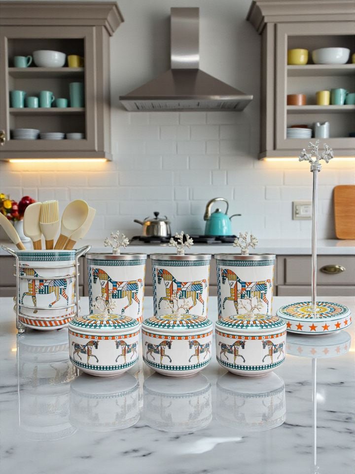 Mutfak Seti 103 Baharatlık Kahvaltılık Kağıt Havluluk Kaşıklık Herm At Desen Gümüş