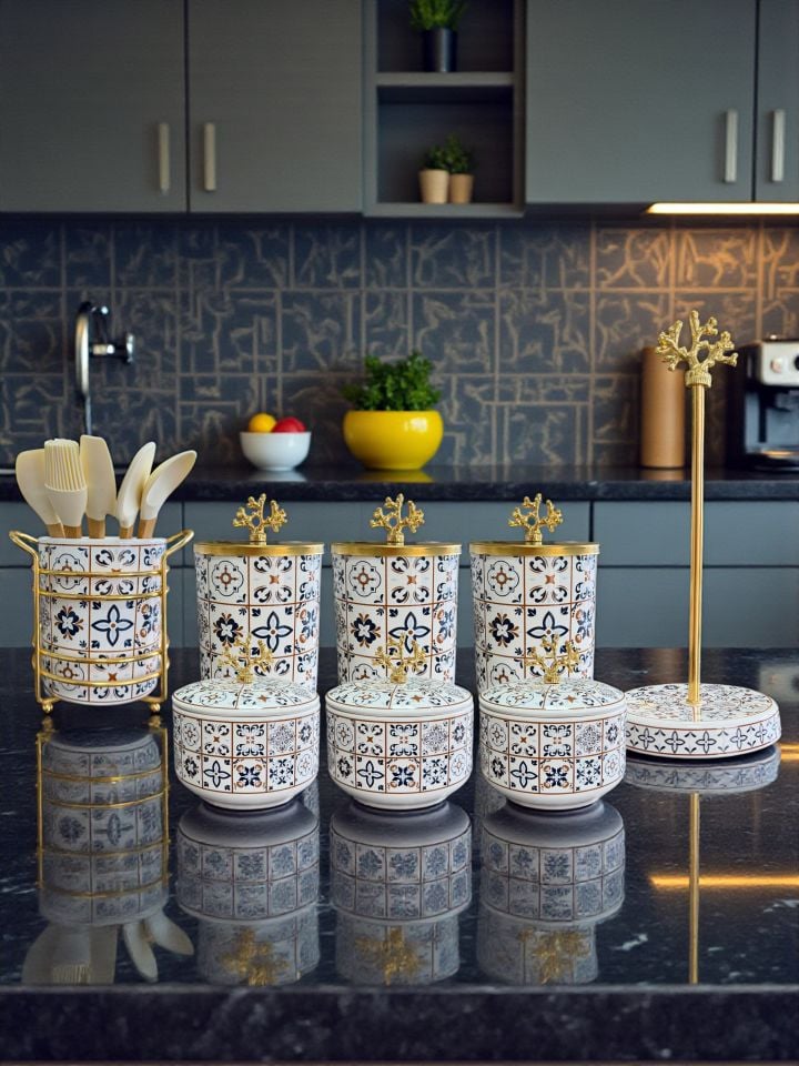 Mutfak Seti 103 Baharatlık Kahvaltılık Kağıt Havluluk Kaşıklık Ceramic Desen Gold