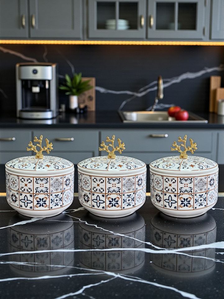 Mutfak Seti 103 Baharatlık Kahvaltılık Kağıt Havluluk Kaşıklık Ceramic Desen Gold