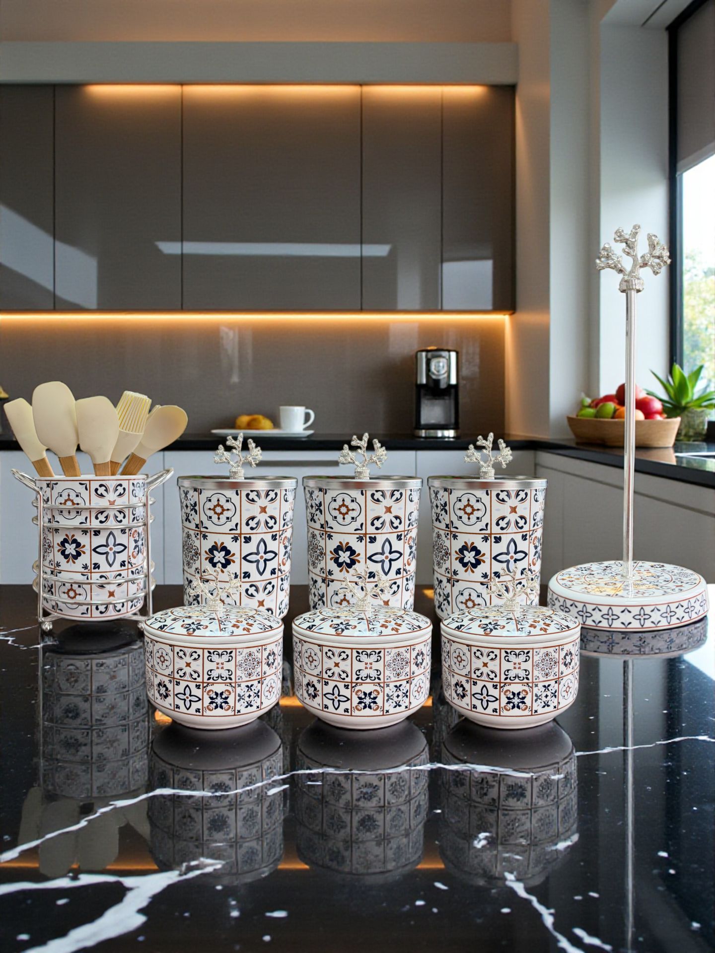 Mutfak Seti 103 Baharatlık Kahvaltılık Kağıt Havluluk Kaşıklık Ceramic Desen Gümüş