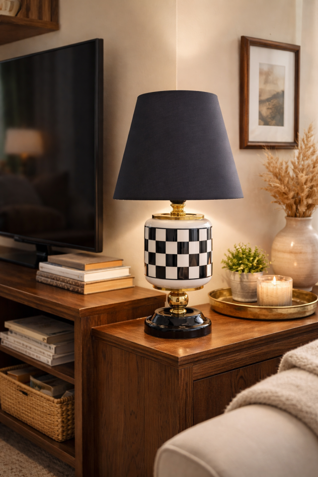 Abajur Aydınlatma Seramik Oval Siyah Damalı Siyah Şapka Gold