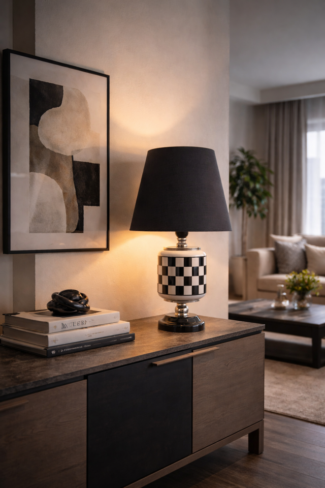 Abajur Aydınlatma Seramik Oval Siyah Damalı Siyah Şapka GÜMÜŞ