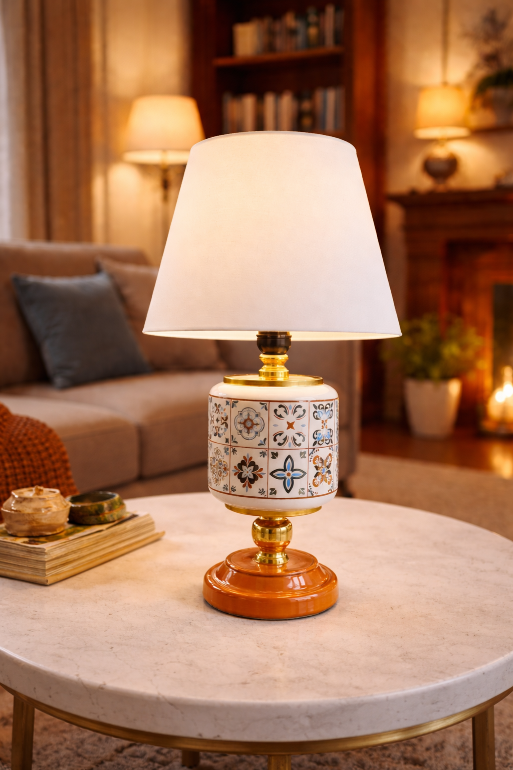 Abajur Aydınlatma Seramik Oval Ceramic Desen Beyaz Şapka Gold