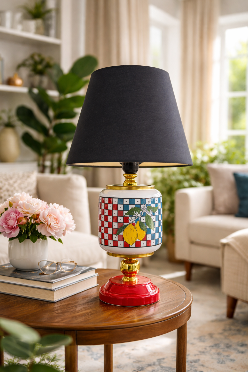 Abajur Aydınlatma Seramik Oval Damalı Limonlu Desen Siyah Şapka Gold