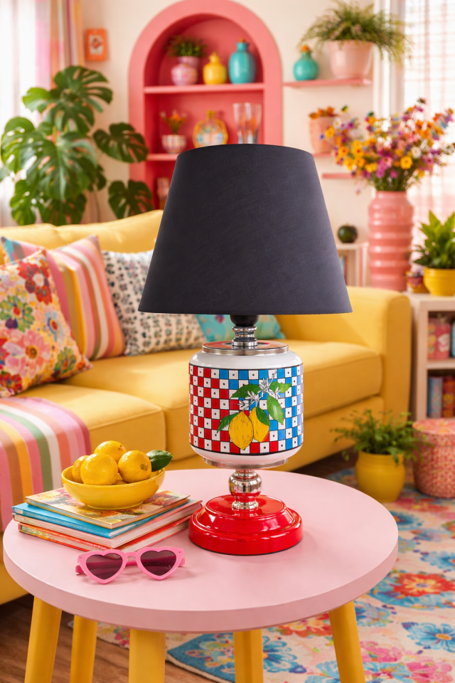 Abajur Aydınlatma Seramik Oval Damalı Limonlu Desen Siyah Şapka GÜMÜŞ