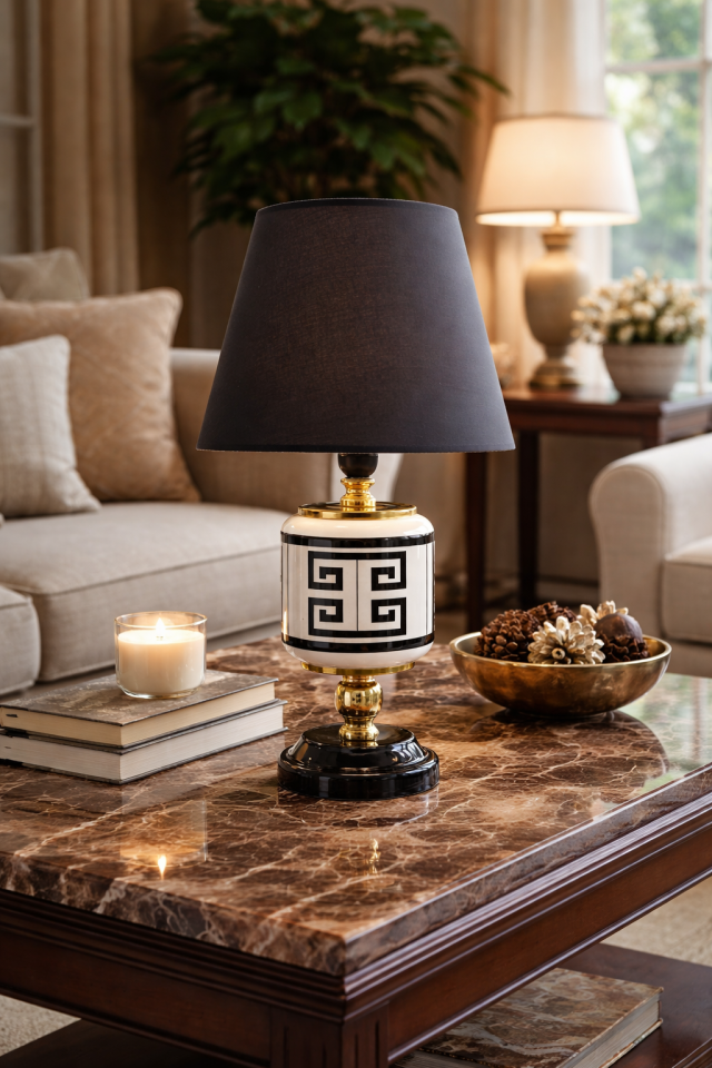 Abajur Aydınlatma Seramik Oval Siyah Versa Desen Siyah Şapka Gold