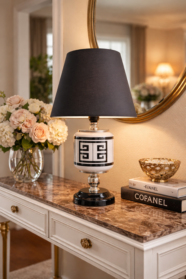 Abajur Aydınlatma Seramik Oval Siyah Versa Desen Siyah Şapka GÜMÜŞ