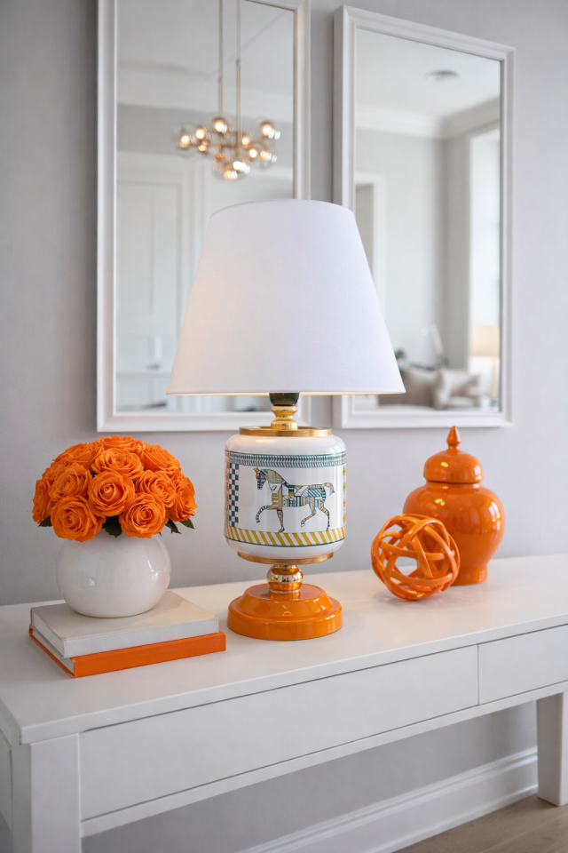 Abajur Aydınlatma Seramik Oval Renkli Herm Desen Beyaz Şapka Gold