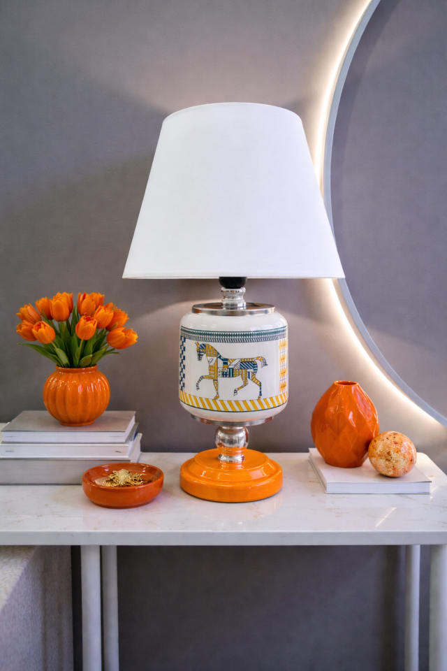 Abajur Aydınlatma Seramik Oval Renkli Herm Desen Beyaz Şapka GÜMÜŞ