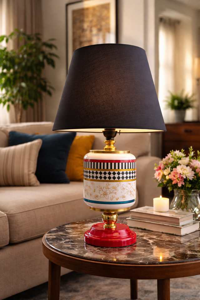 Abajur Aydınlatma Seramik Oval Kelebek Desen Siyah Şapka Gold