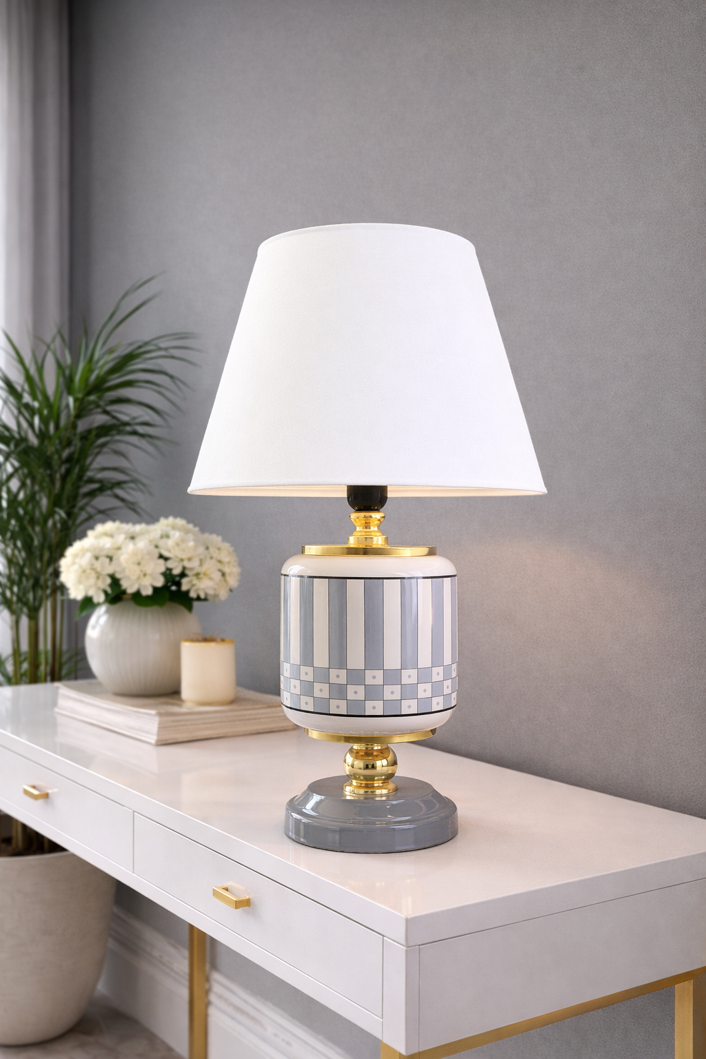 Abajur Aydınlatma Seramik Oval Kare Dik Çizgi Gri Beyaz Şapka Gold