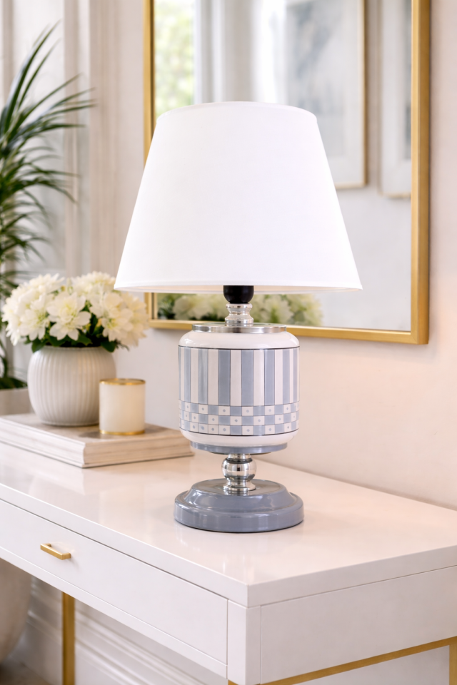 Abajur Aydınlatma Seramik Oval Kare Dik Çizgi Gri Beyaz Şapka GÜMÜŞ