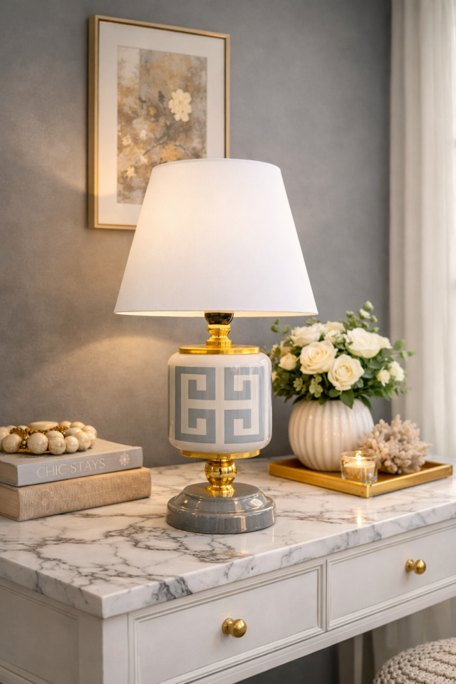 Abajur Aydınlatma Seramik Oval Gri Versa Desen Beyaz Şapka Gold