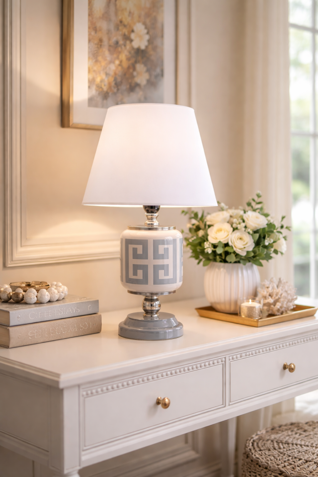 Abajur Aydınlatma Seramik Oval Gri Versa Desen Beyaz Şapka GÜMÜŞ