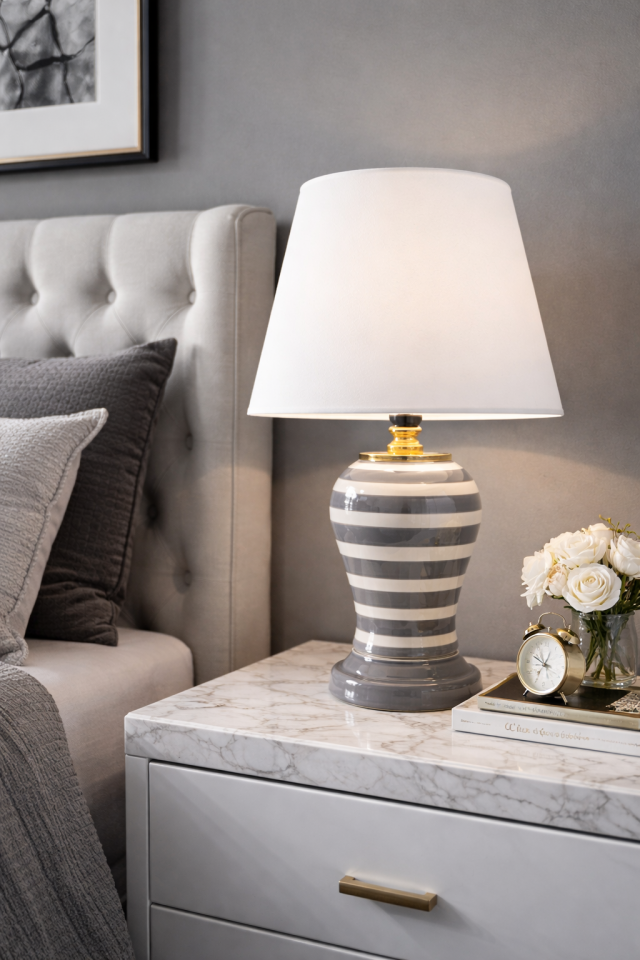 Abajur Aydınlatma Şah Gri Klasik Zebra Beyaz Şapka Gold