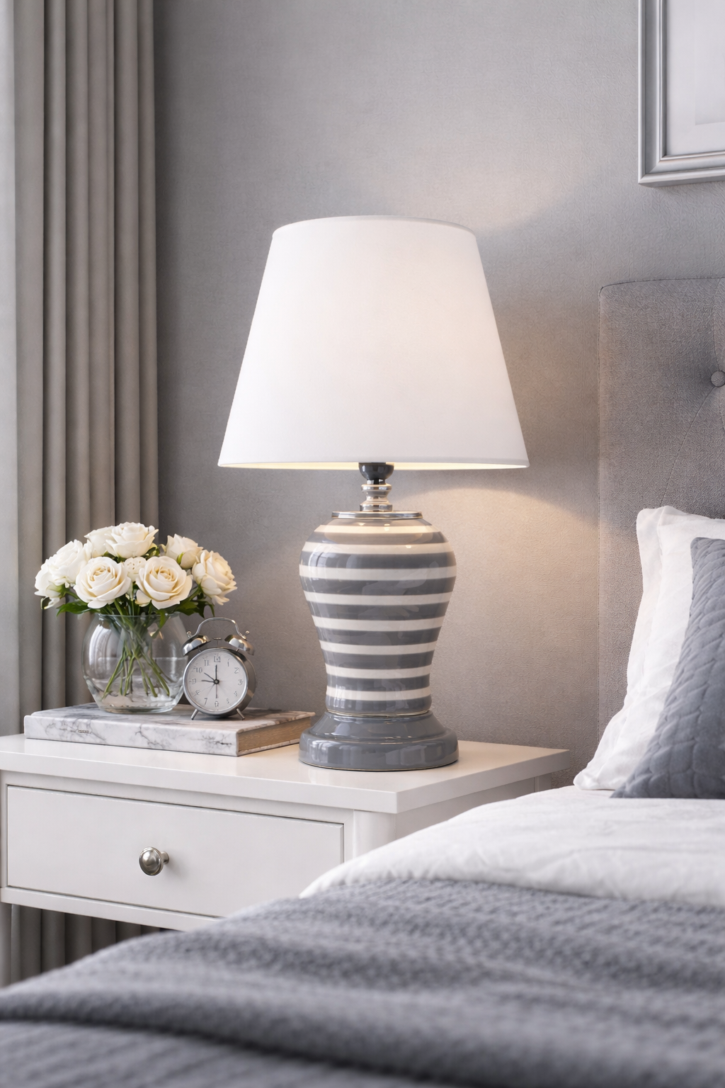 Abajur Aydınlatma Şah Gri Zebra Beyaz Şapka GÜMÜŞ