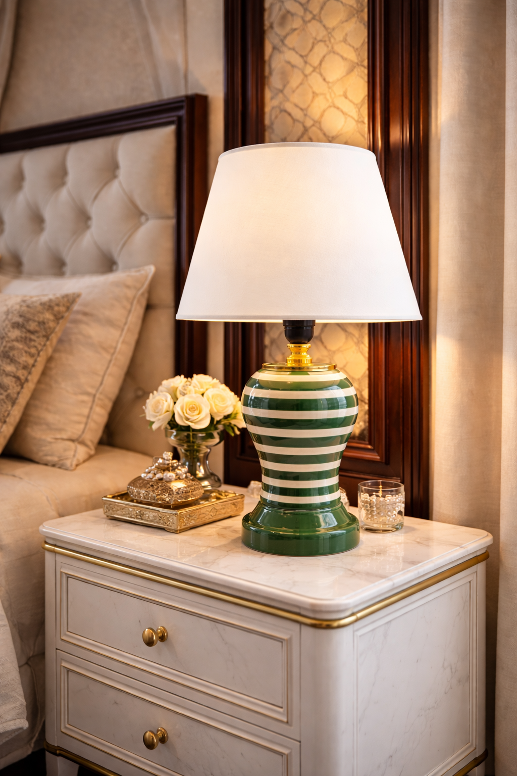 Abajur Aydınlatma Şah Yeşil Klasik Zebra Beyaz Şapka Gold