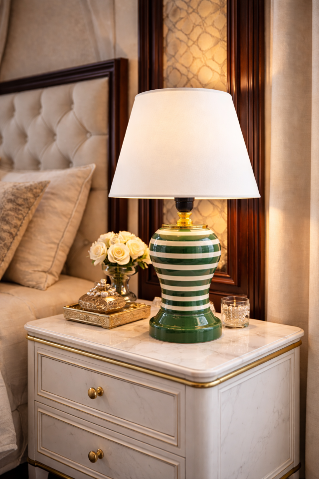 Abajur Aydınlatma Şah Yeşil Klasik Zebra Beyaz Şapka Gold