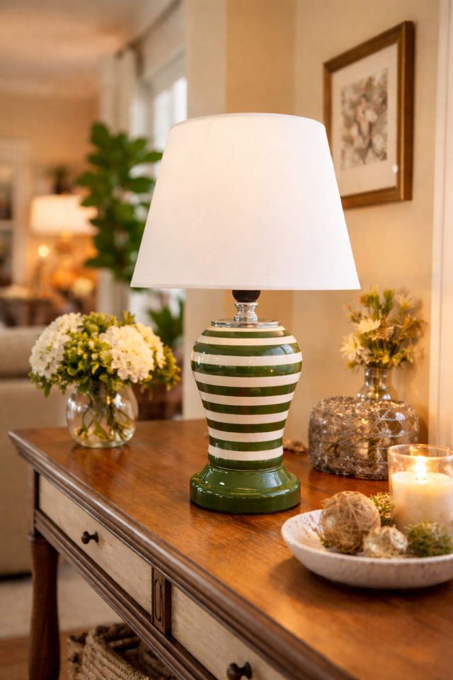 Abajur Aydınlatma Şah Yeşil Klasik Zebra Beyaz Şapka GÜMÜŞ