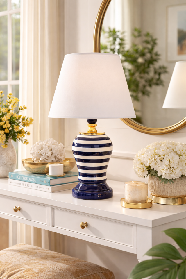 Abajur Aydınlatma Şah Lacivert Klasik Zebra Beyaz Şapka Gold