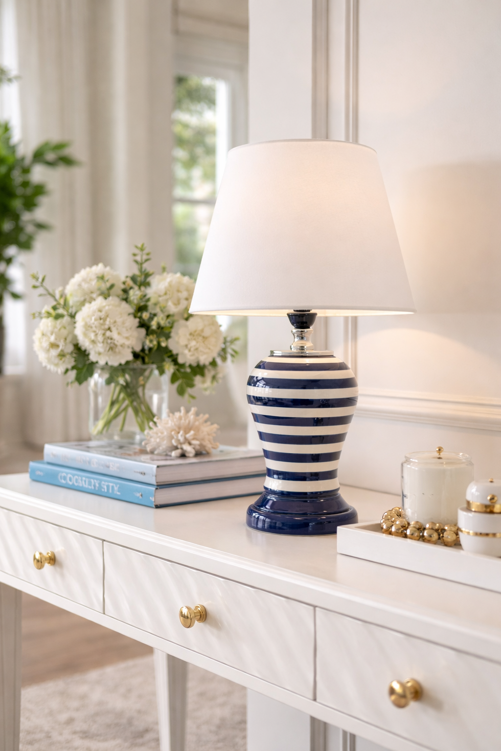 Abajur Aydınlatma Şah Lacivert Klasik Zebra Beyaz Şapka GÜMÜŞ