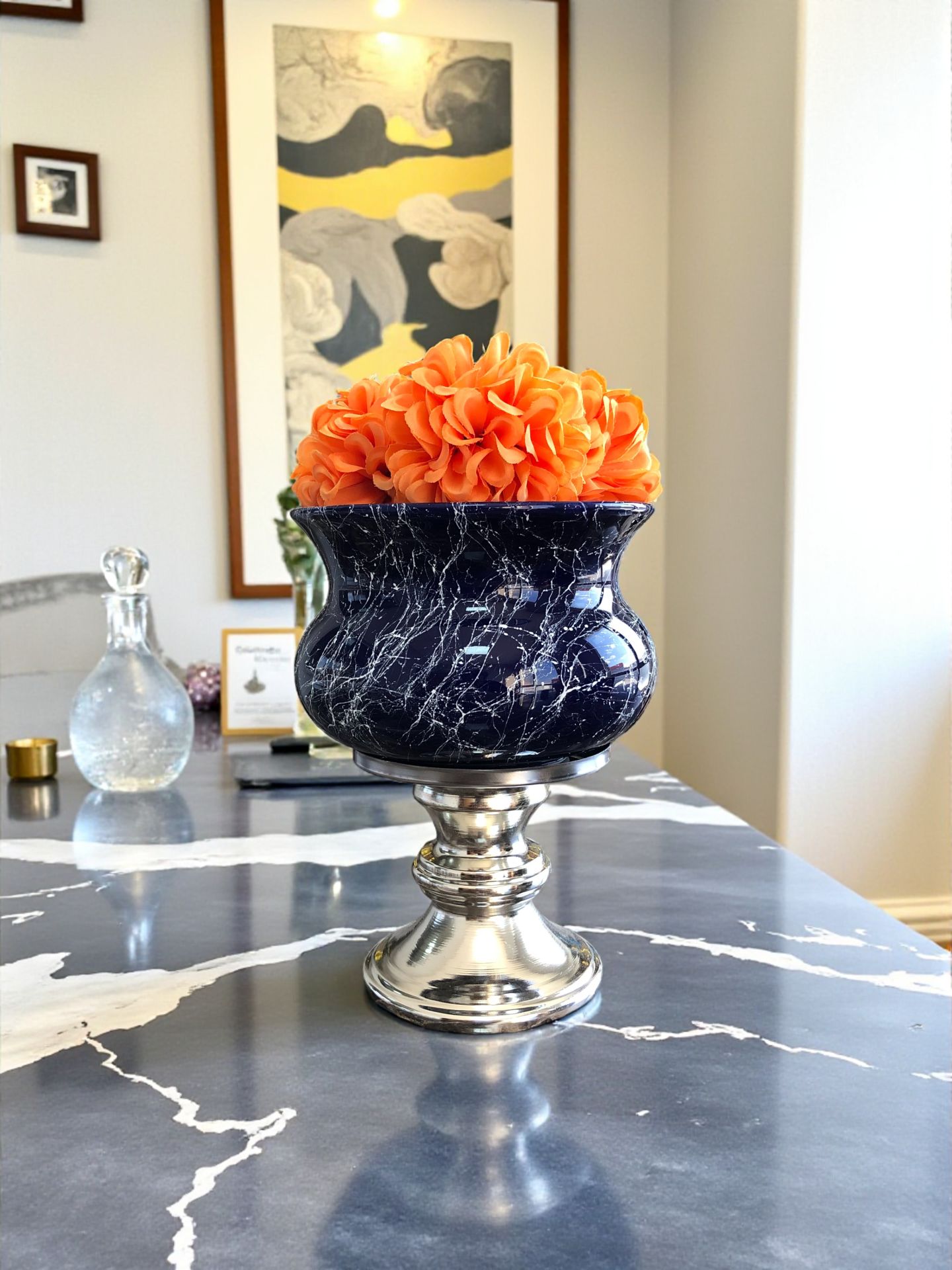 Dekoratif Obje Ayaklı Saksı Lacivert Mermer GÜMÜŞ