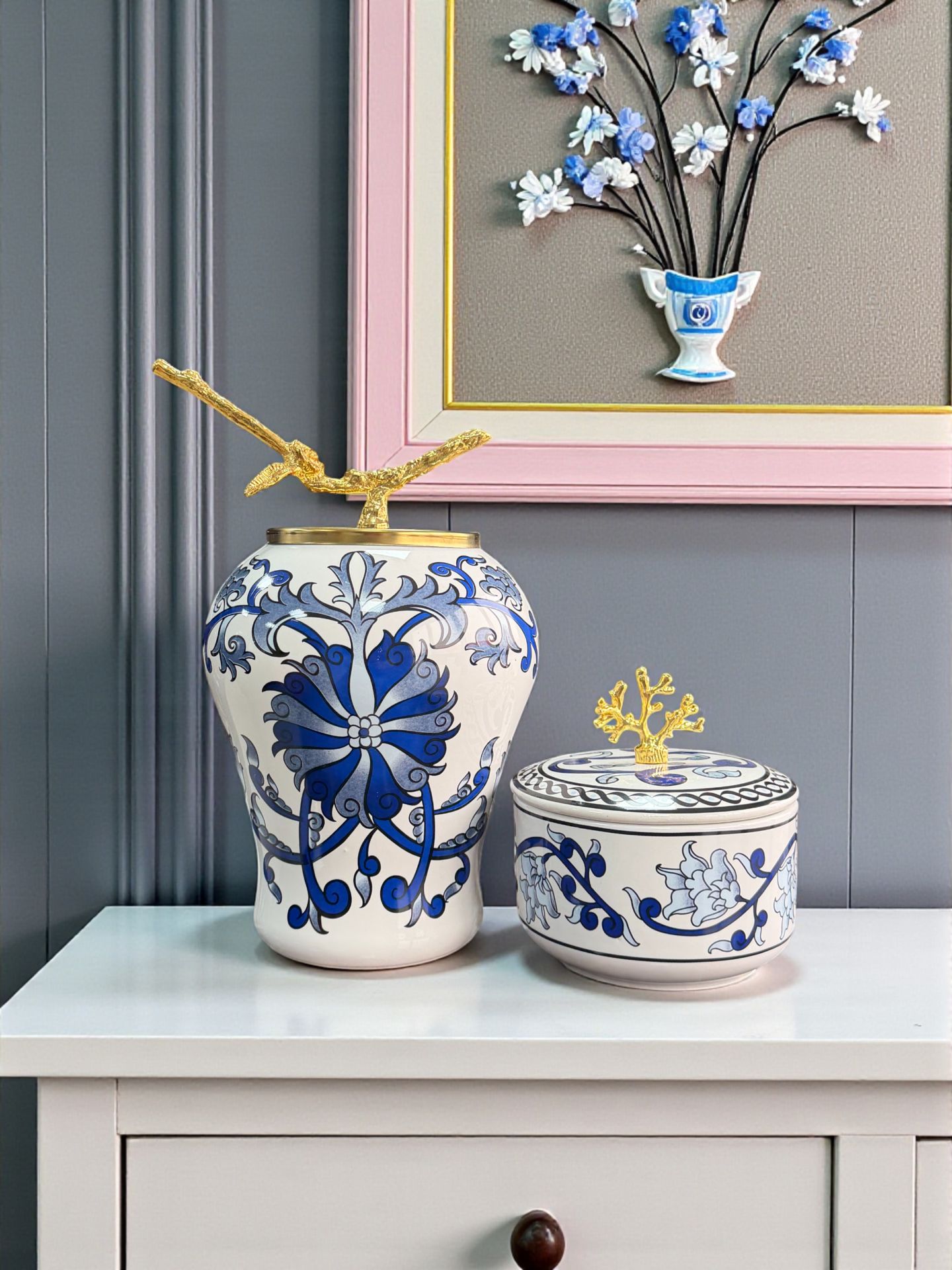 Dekoratif Obje Ful Set Mavi Çiçekli Şah Küp Mavi Çiçekli Obje Gold