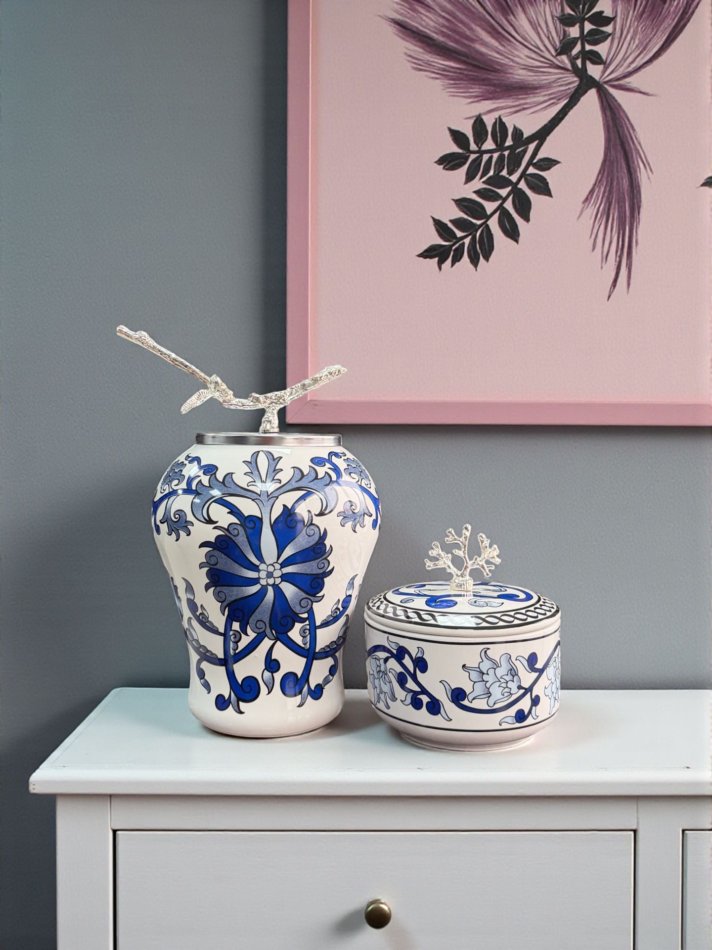 Dekoratif Obje Ful Set Mavi Çiçekli Şah Küp Mavi Çiçekli Obje GÜMÜŞ