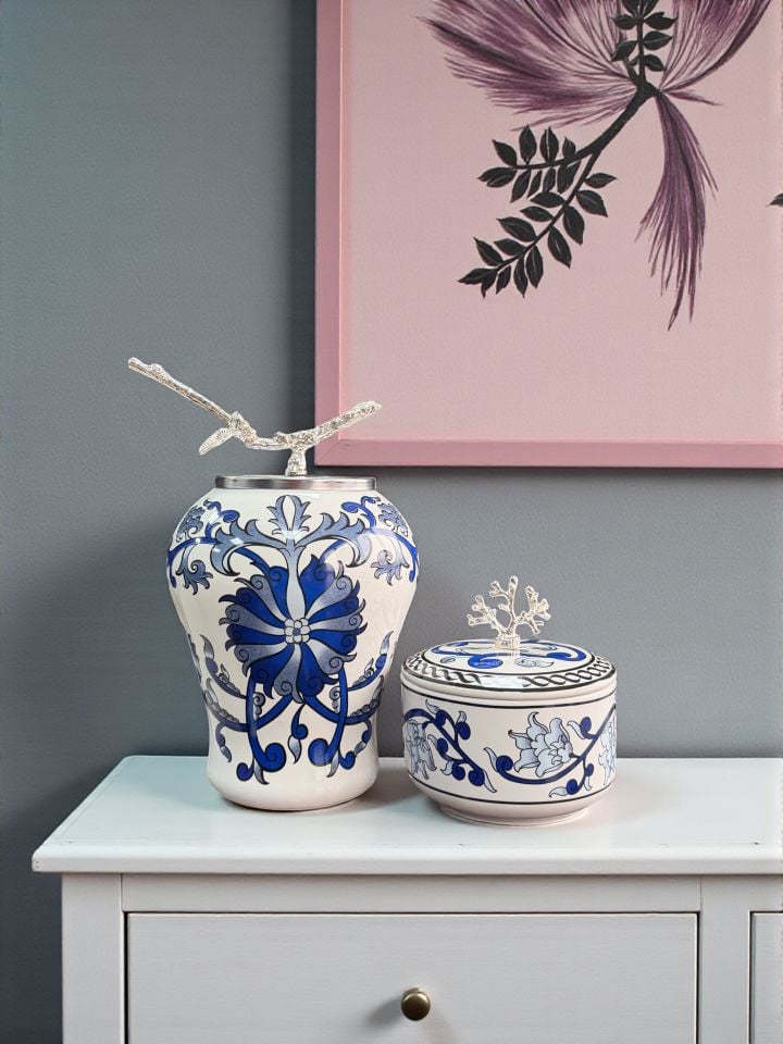 Dekoratif Obje Ful Set Mavi Çiçekli Şah Küp Mavi Çiçekli Obje GÜMÜŞ