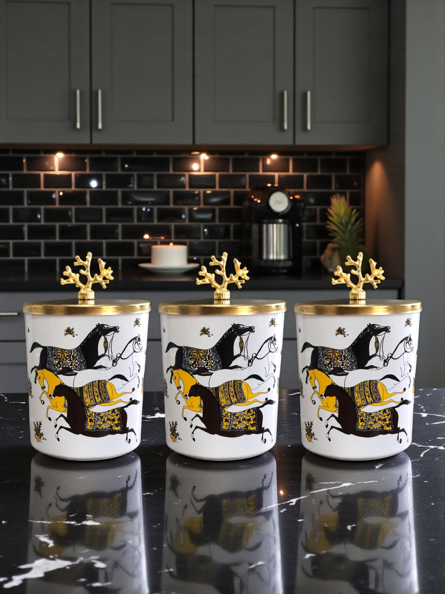 Baharatlık Silindir 3 lü Metalli Kahve Köşesi Koyu Herm At Desenli 750 ml Mercan Gold