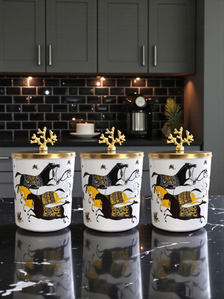 Baharatlık Silindir 3 lü Metalli Kahve Köşesi Koyu Herm At Desenli 750 ml Mercan Gold