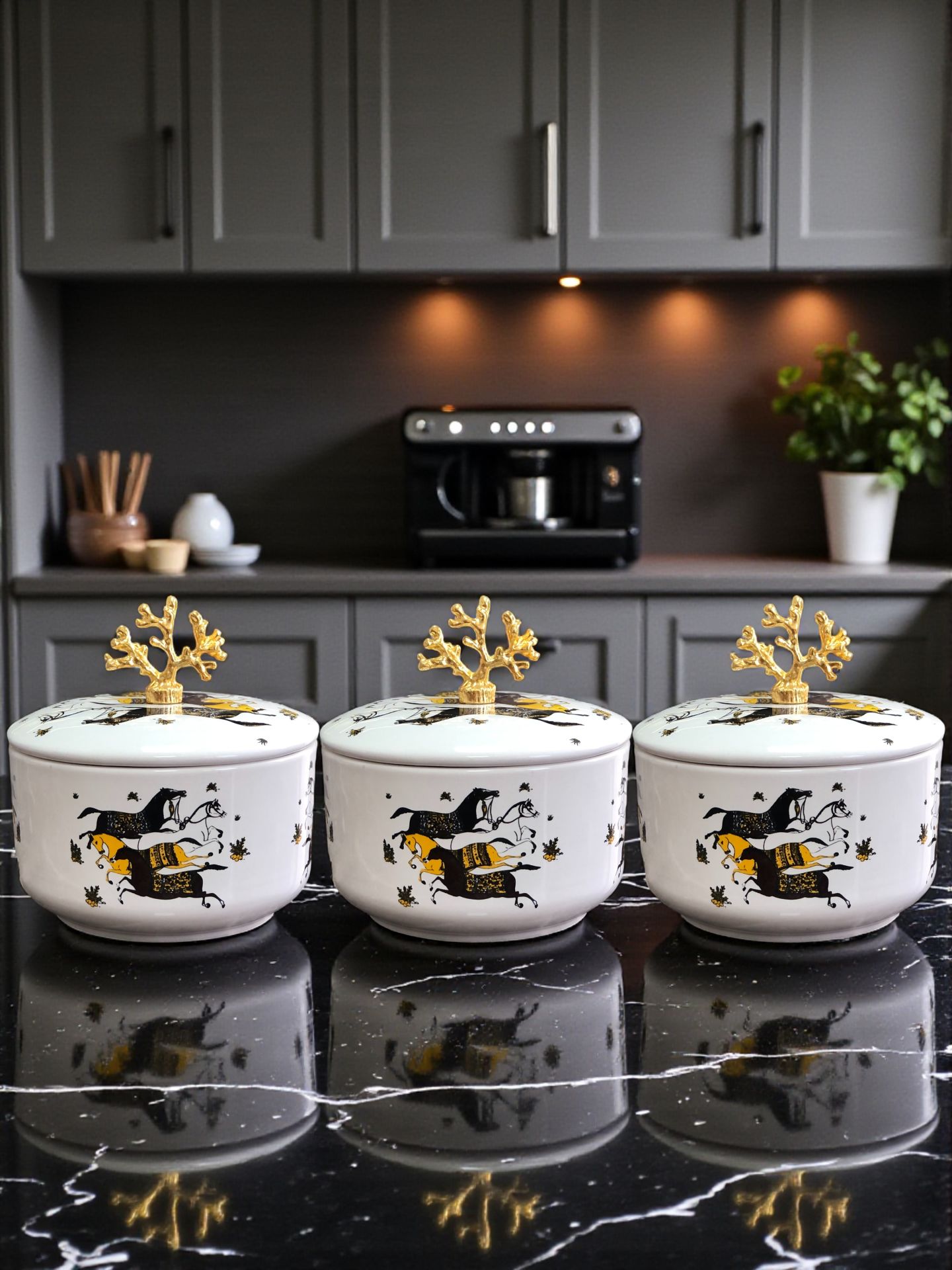 Mutfak Aksesuarı 3 lü Kahvaltılık Saklama Kabı Baharatlık Koyu Herm At Desen Gold