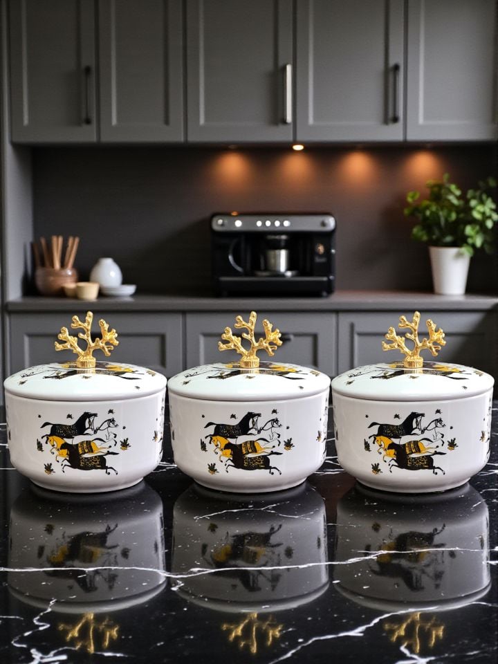 Mutfak Aksesuarı 3 lü Kahvaltılık Saklama Kabı Baharatlık Koyu Herm At Desen Gold