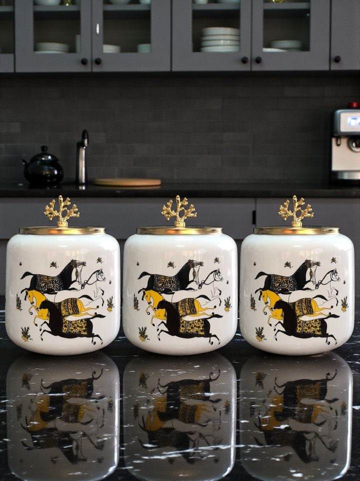 Büyük Boy Kahve Köşesi Seti Oval Baharatlık 1400 ml (Çay,Kahve,Şeker) Koyu Herm At Gold