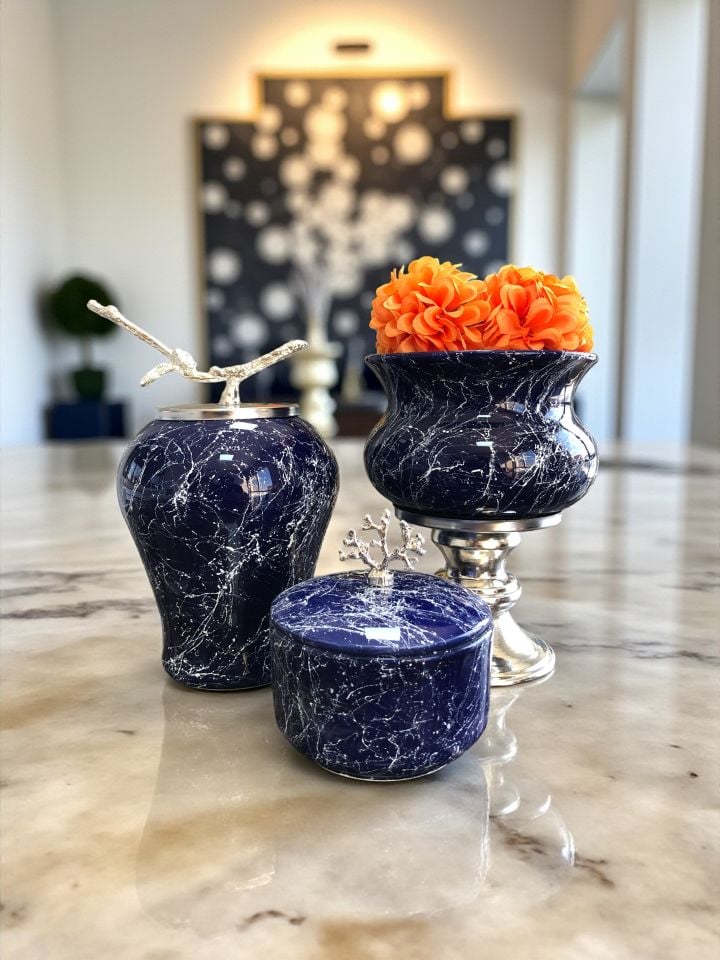 Dekoratif Obje SALON SETİ Lacivert Mermer Ayaklı Saksı Lacivert Mermer Şah Lacivert Mermer Kutu GÜMÜŞ