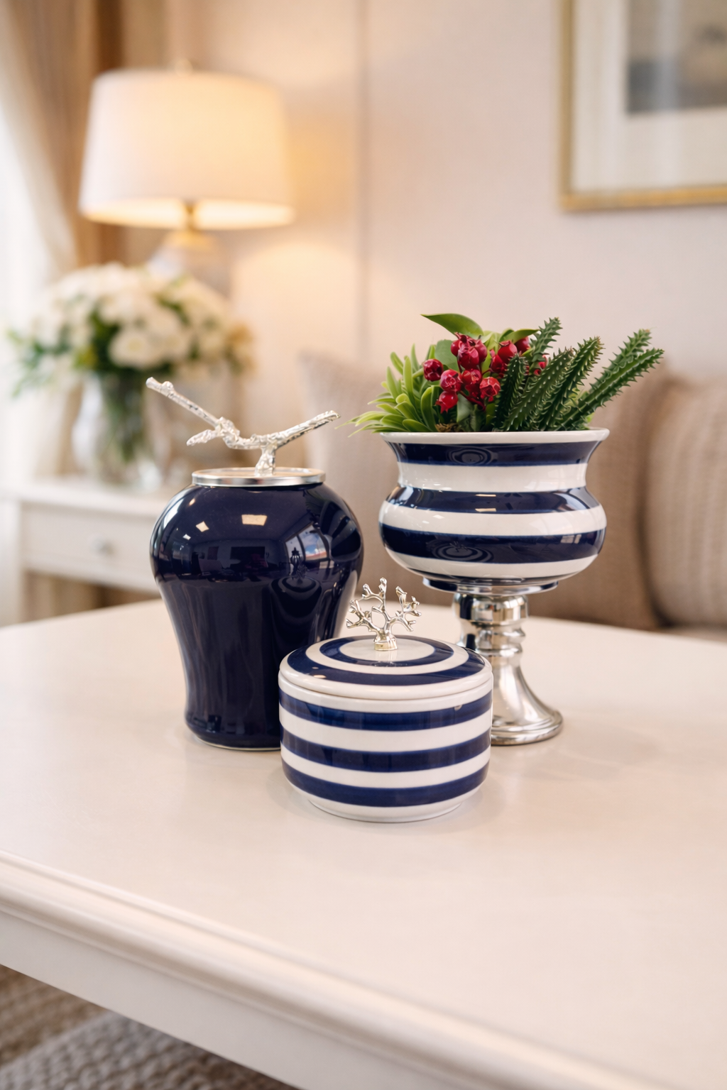 Dekoratif Obje SALON SETİ Lacivert Zebra Ayaklı Saksı Lacivert Şah Zebra Kapaklı Kutu GÜMÜŞ