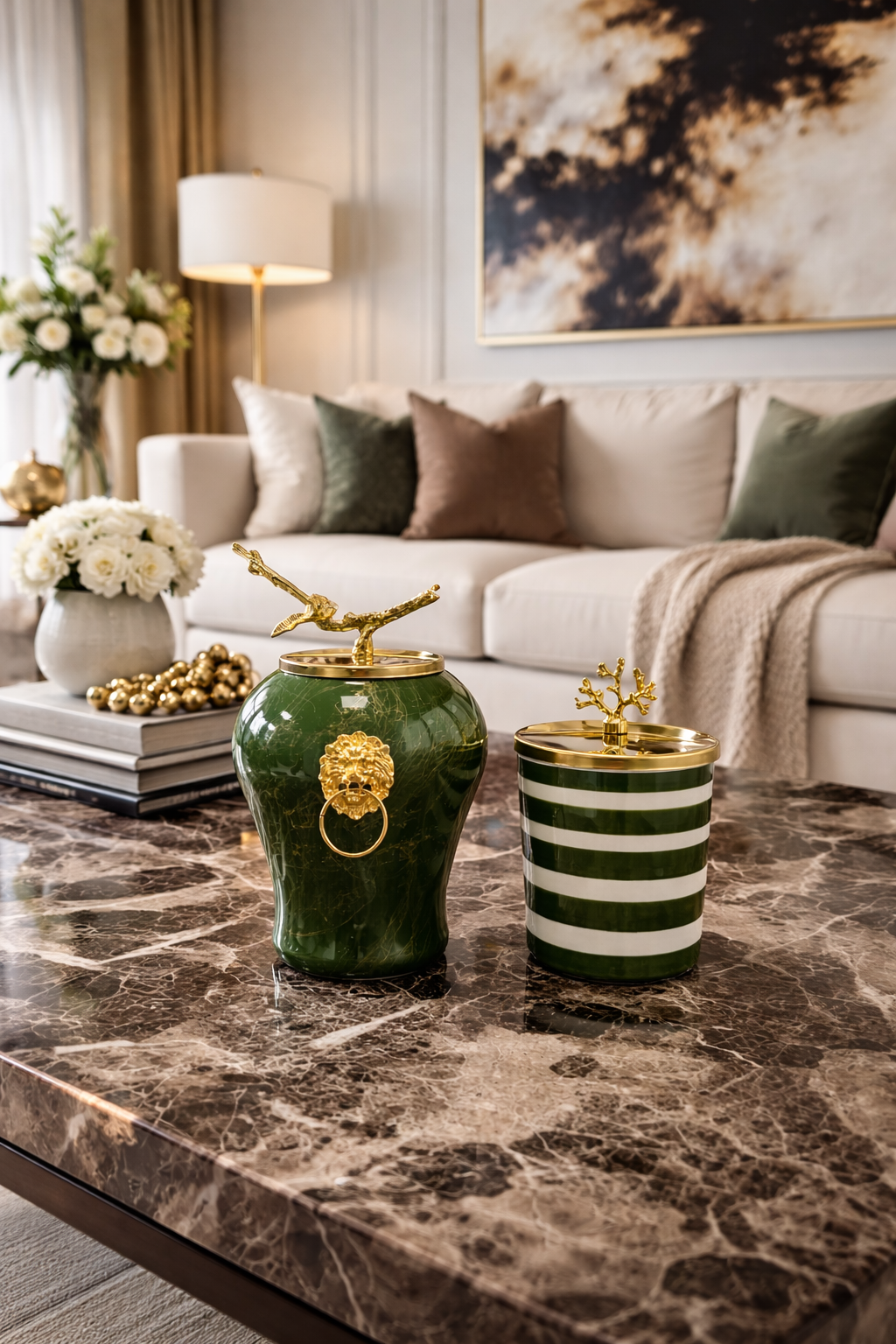 Dekoratif Obje Aslanlı Şah Küp Yeşil Mermer Silindir Yeşil Zebra Gold