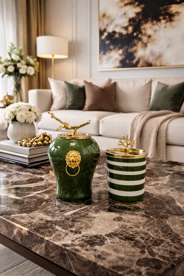 Dekoratif Obje Aslanlı Şah Küp Yeşil Mermer Silindir Yeşil Zebra Gold