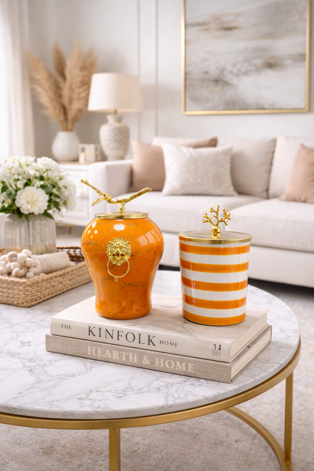 Dekoratif Obje Aslanlı Şah Küp Soft SarıMermer Silindir Soft Sarı Zebra Gold