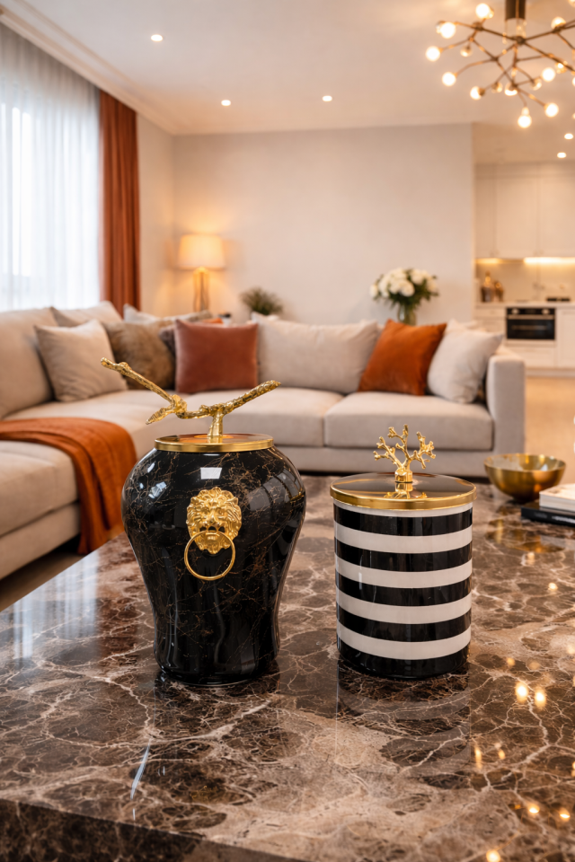 Dekoratif Obje Aslanlı Şah Küp Siyah Mermer Silindir Siyah Zebra Gold