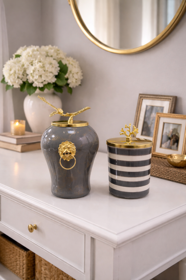 Dekoratif Obje Aslanlı Şah Küp Gri Mermer Silindir Gri Zebra Gold