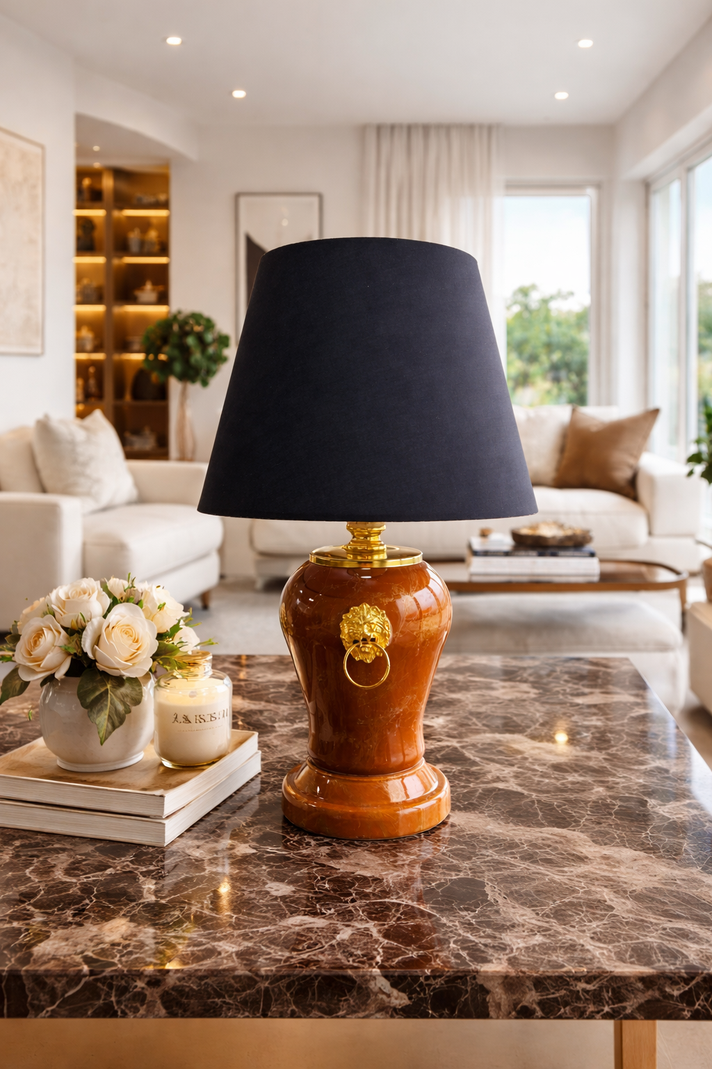 Abajur Aydınlatma Şah Aslanlı Açık Kahverengi Gümüş Mermer Siyah Şapka Gold